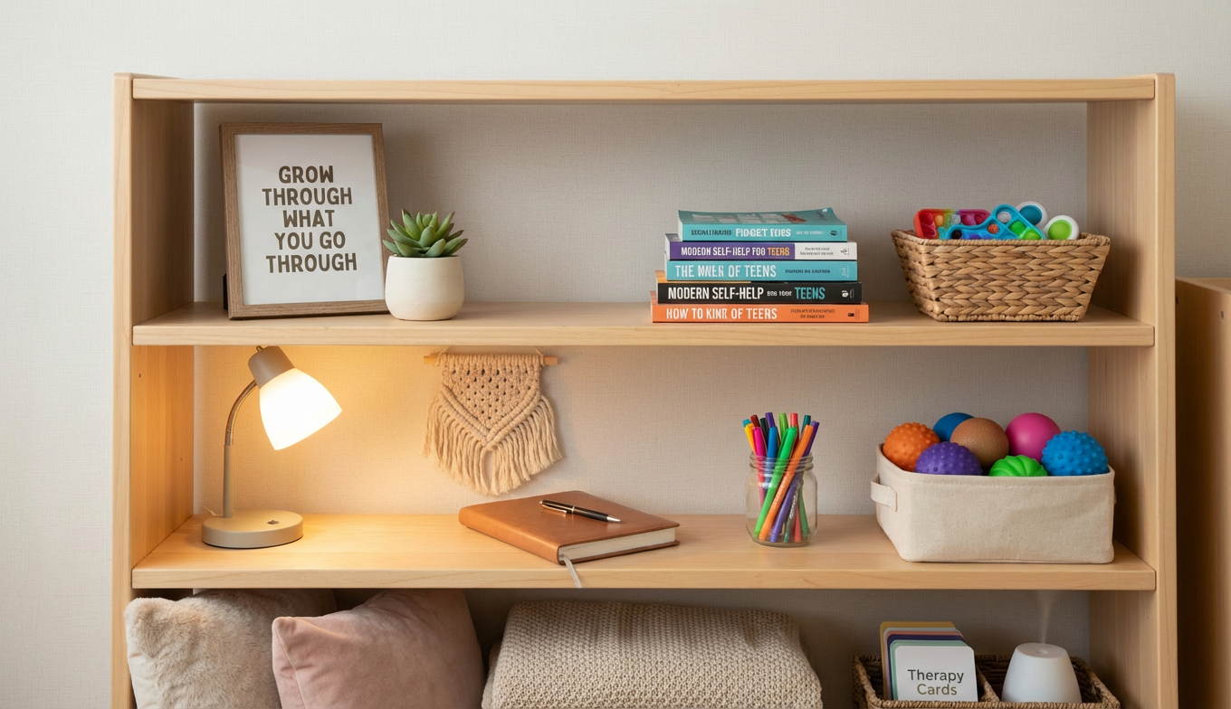A meticulously arranged Montessori classroom shelf featuring natural wood trays, glass jars holding colorful manipulatives, and pristine cream-colored baskets filled with tactile learning tools. The shelf is set against a pale, neutral wall with a subtle textured finish, and the environment exhibits clean lines and balanced spacing. Gentle afternoon daylight filters through an unseen window, casting soft, diffuse light and minimal shadows for a harmonious, calm atmosphere. Photographed at eye level with carefully structured composition, the sharp focus highlights the clarity and orderliness of the environment. The overall style is photographic realism with a modern, corporate aesthetic that underscores professionalism and educational excellence.