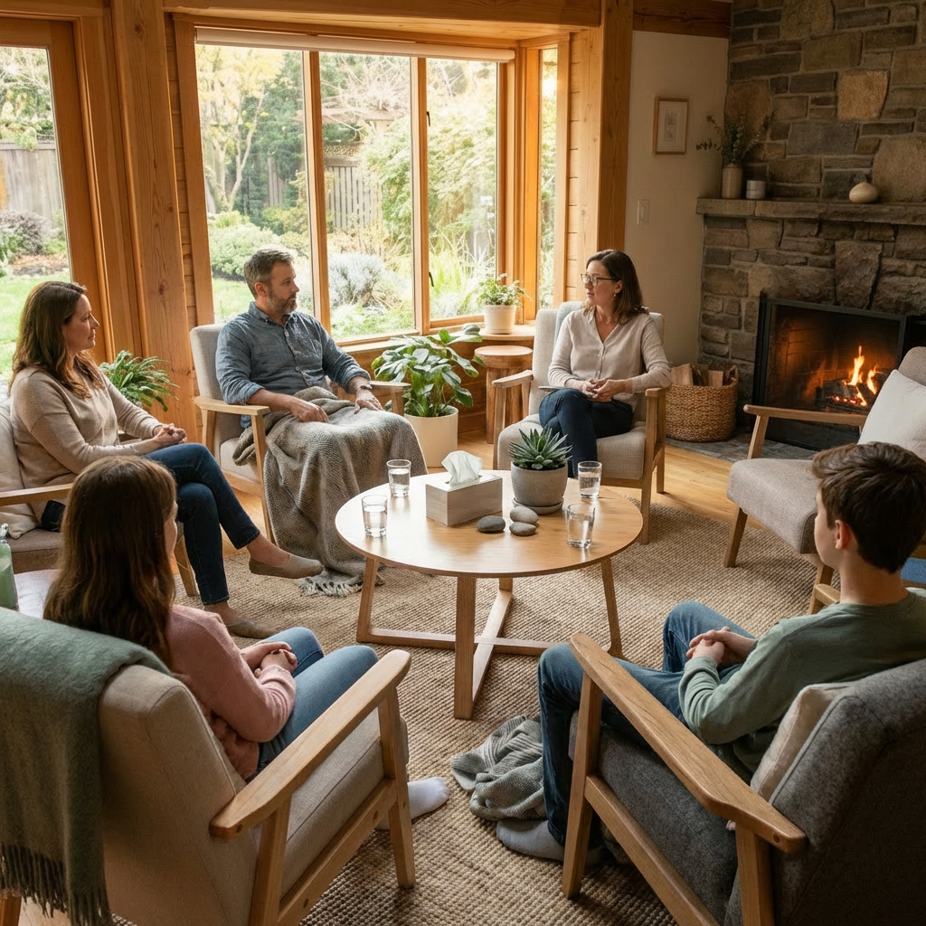 Cozy lounge area with wooden armchairs, a central table, and a stone fireplace.