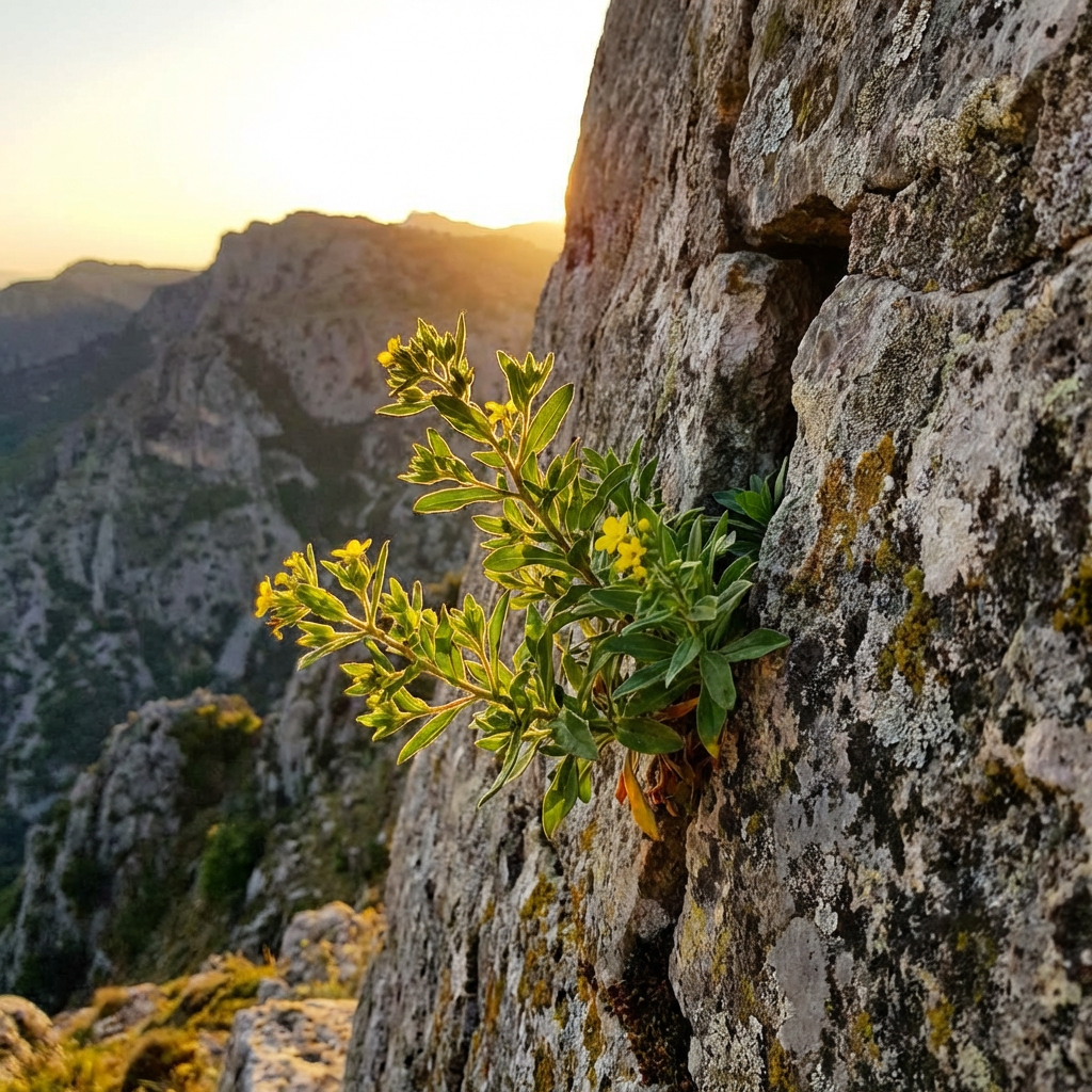 Small green plant with yellow flowers growing out of a crack in a rock face.