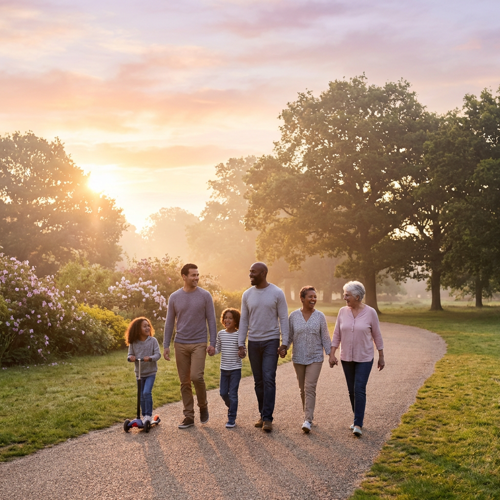 Multi-generational family walking hand-in-hand along a winding path in a park at sunset.