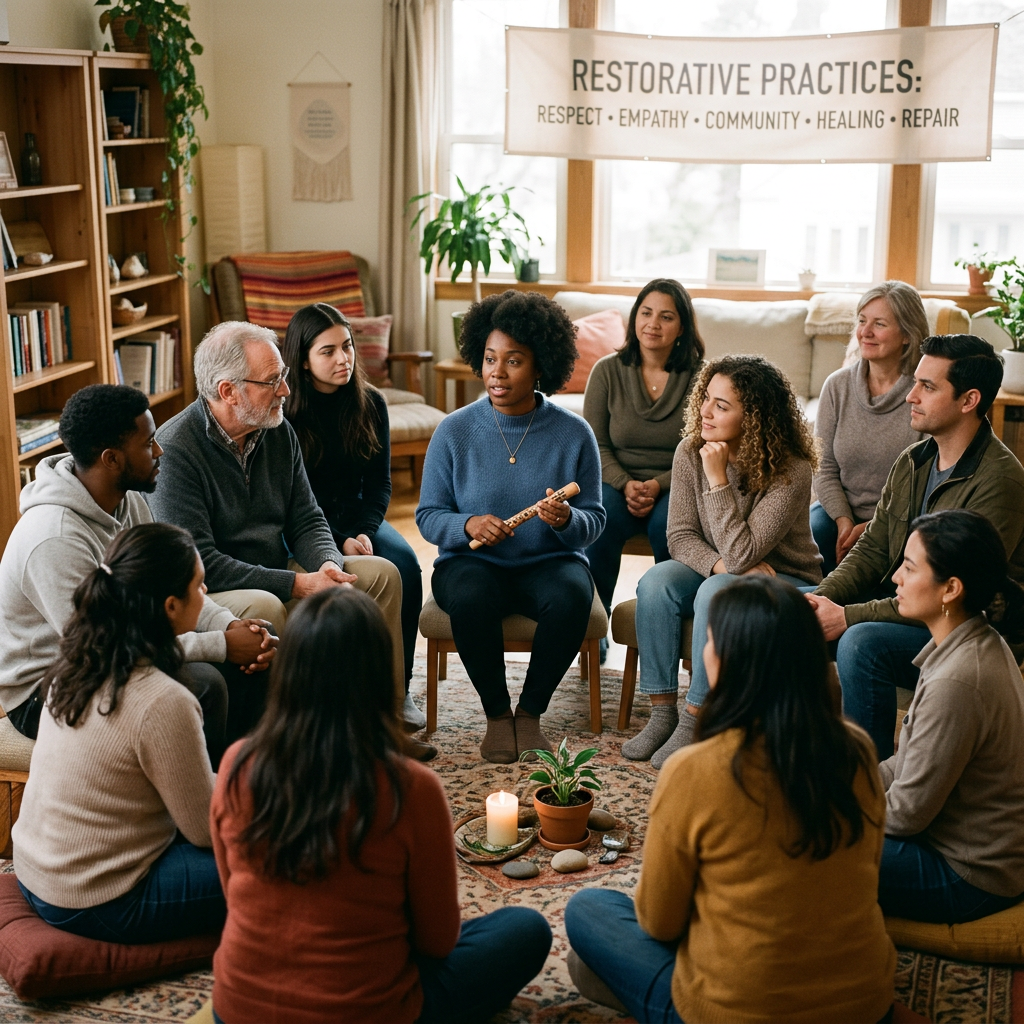 Restorative practices concept with people in circle discussion