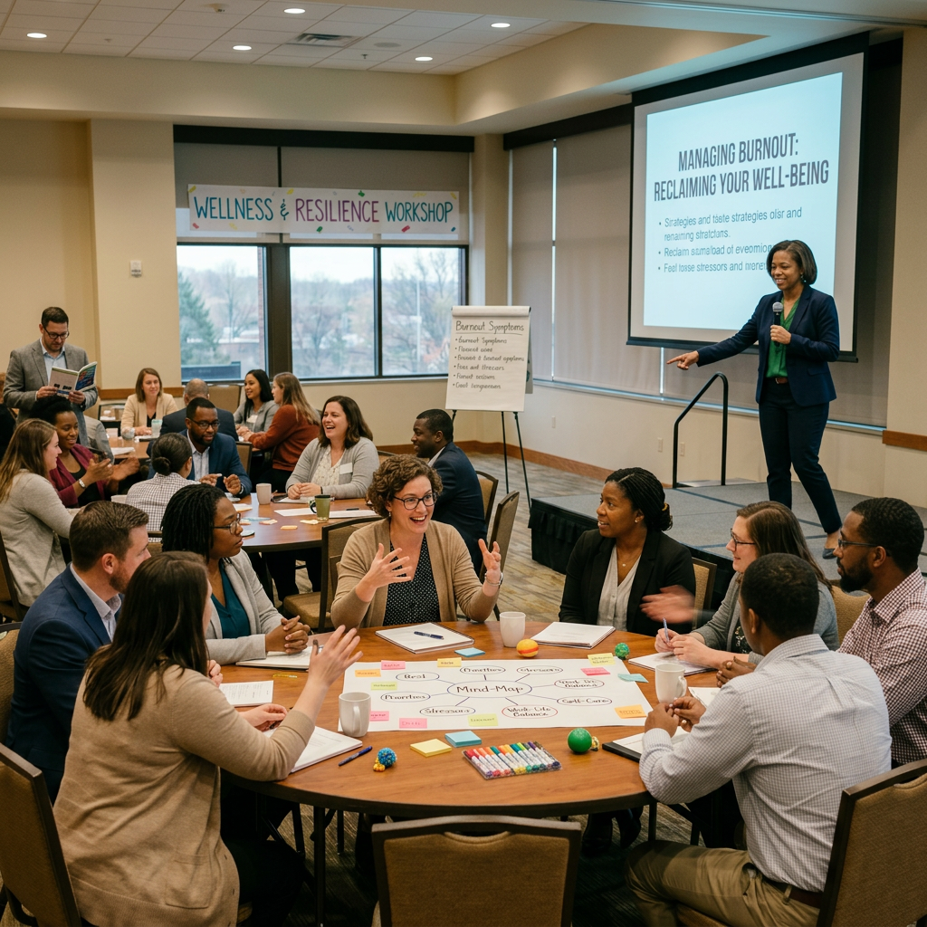 Group of educators participating in an active learning workshop with presenter and discussion
