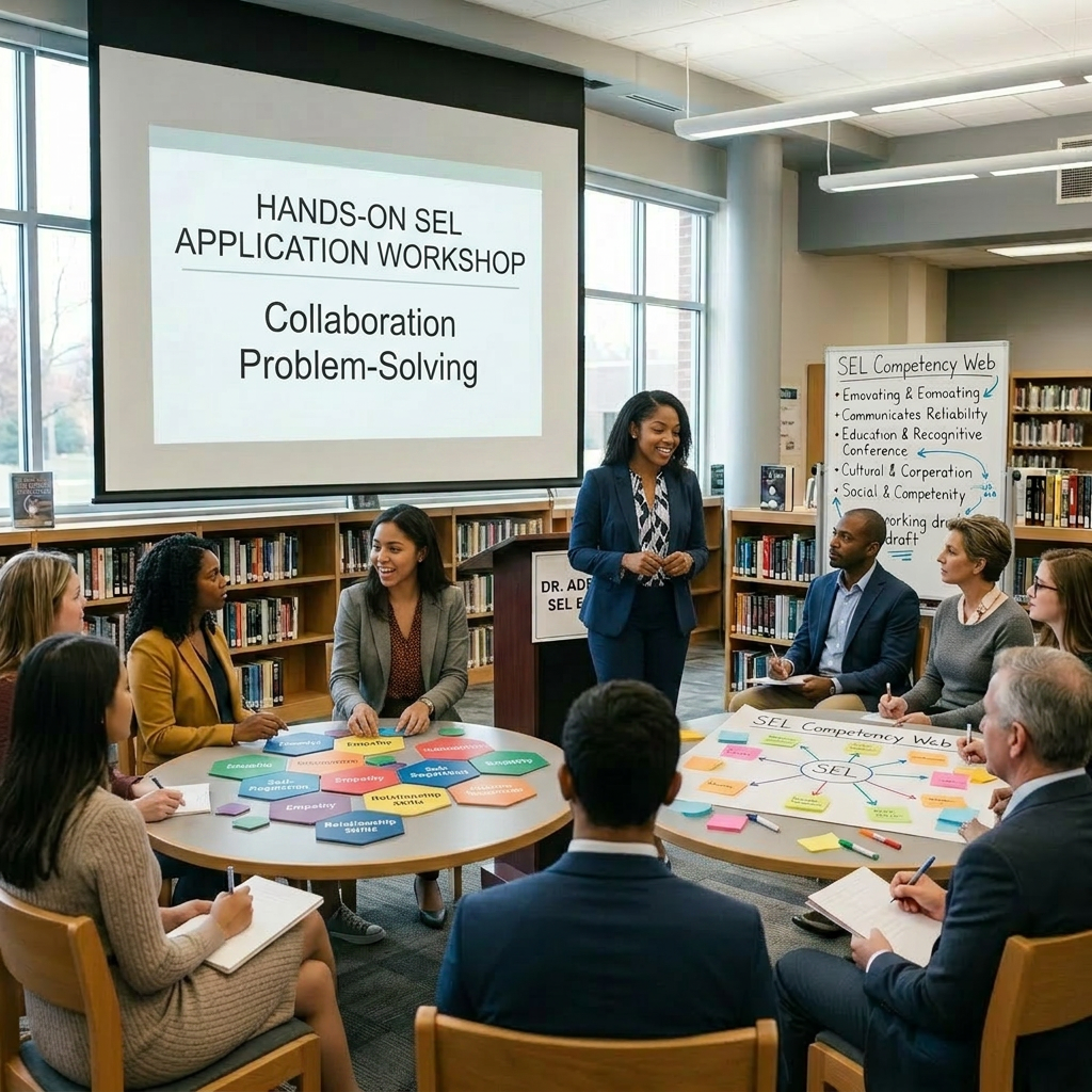 Guest speaker presenting on social emotional learning to students in a library setting