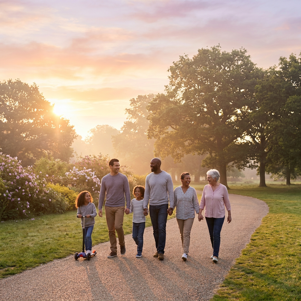 Multigenerational family walking in park Multigenerational family walking together on a paved path in a park at sunrise