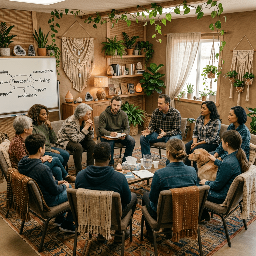 People seated in a circle during a support group session with a therapy dog