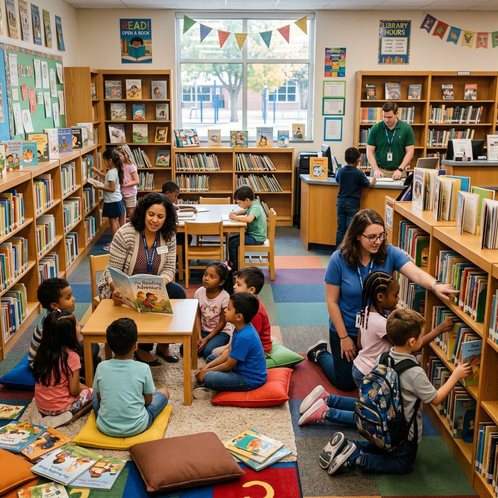 Teacher reading to a group of children seated on cushions in a school library with bookshelves and another teacher assisting kids nearby