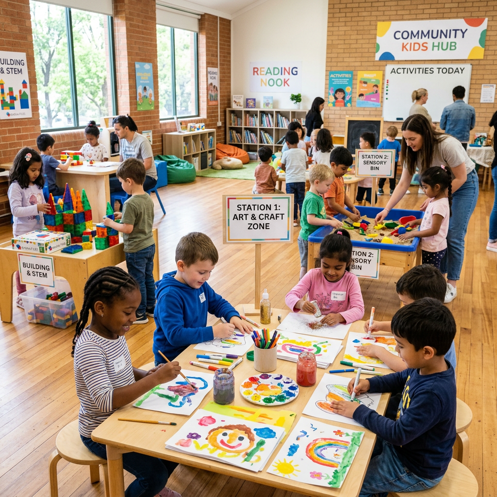 Children painting, building, and playing in a community kids hub with labeled activity stations